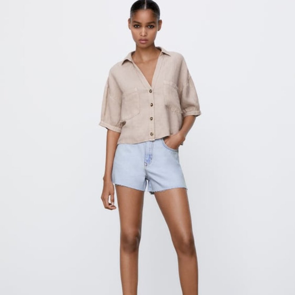 Zara CROPPED WHITE LINEN SHIRT - Size M